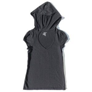 Y2K Hooded Short Sleeve Babydoll Top XS black V-Neck Hoodie Pullover Old Navy